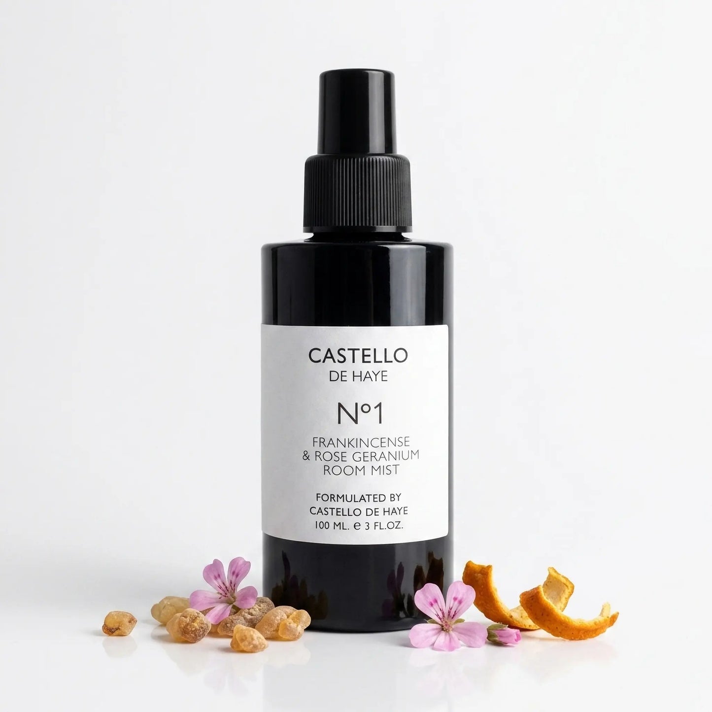 Castello de Haye No. 1 Frankincense & Rose Geranium Room Mist, with scattered botanicals