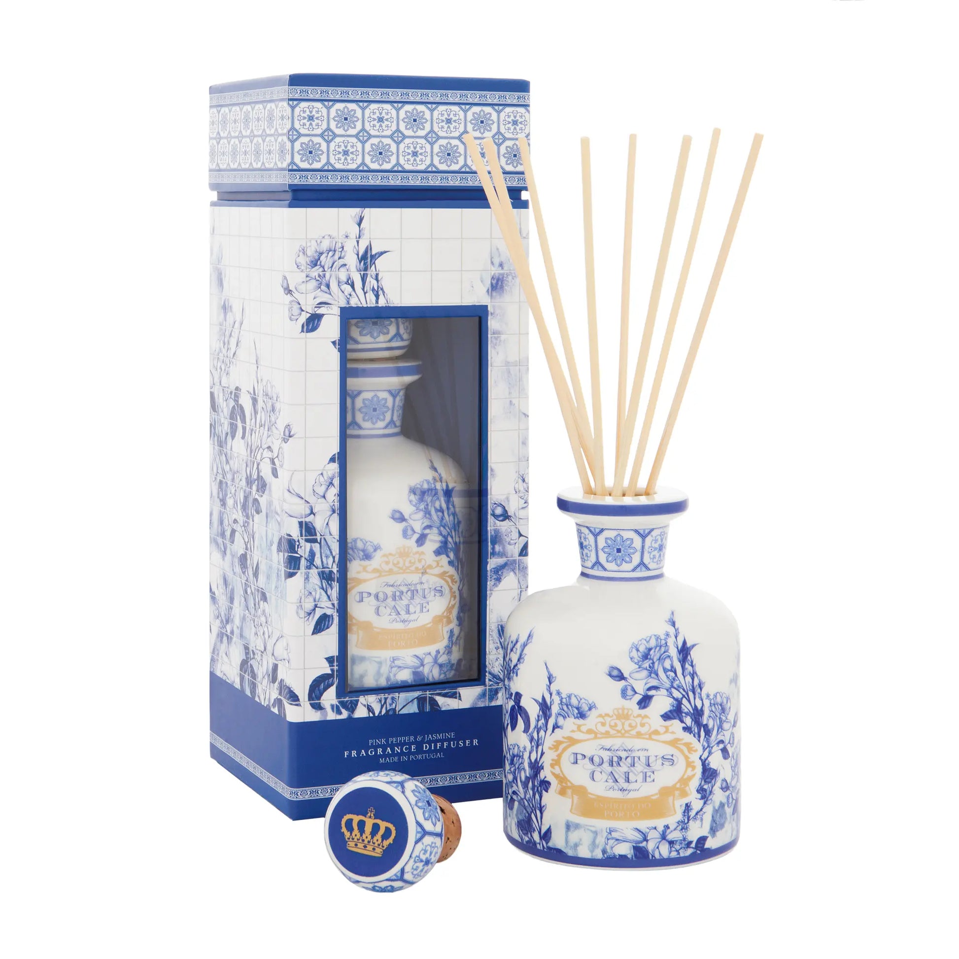 Portus Cale Gold & Blue ceramic reed diffuser 250ml — pink pepper and jasmine — white background