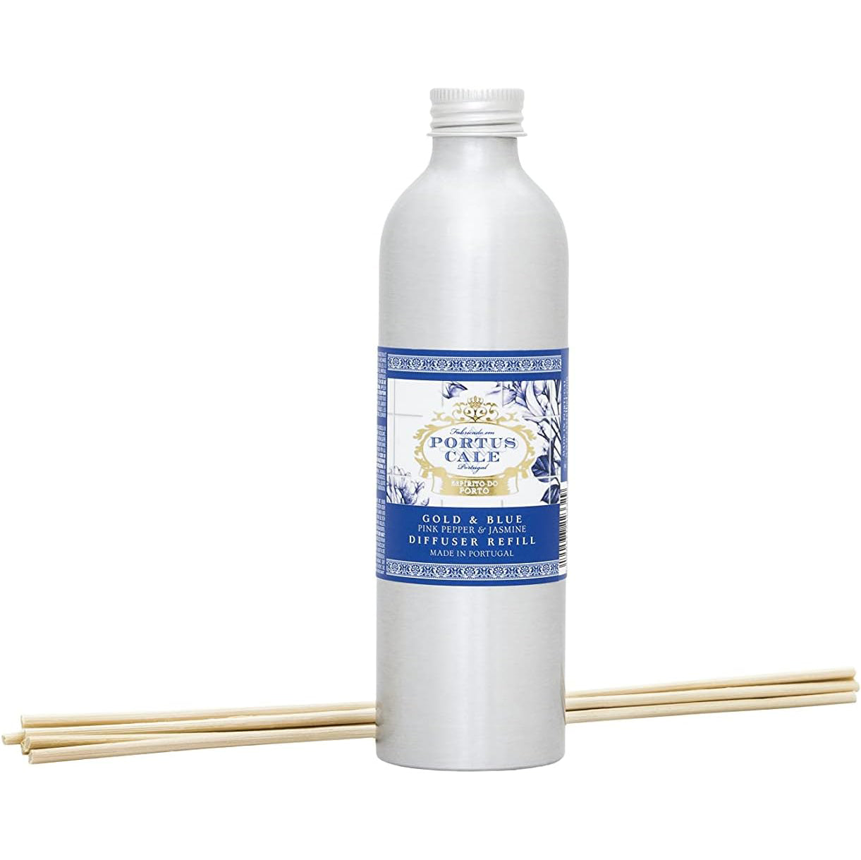 Gold and Blue diffuser refill bottle on white background