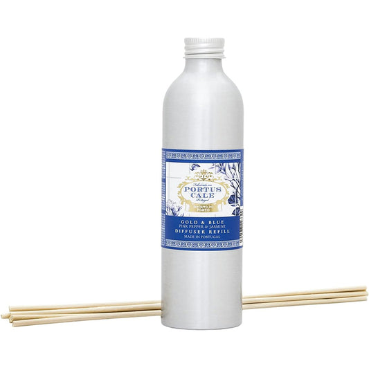 Gold and Blue diffuser refill bottle on white background