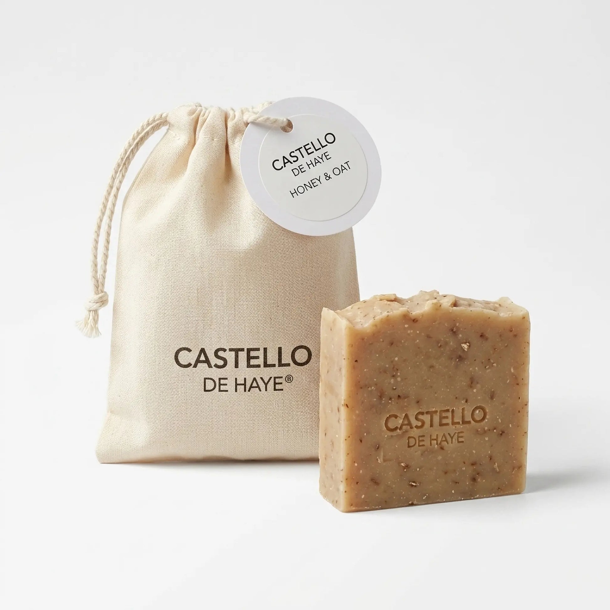 100g Honey & Oat soap bar with natural cotton muslin gift bag by Castello de Haye