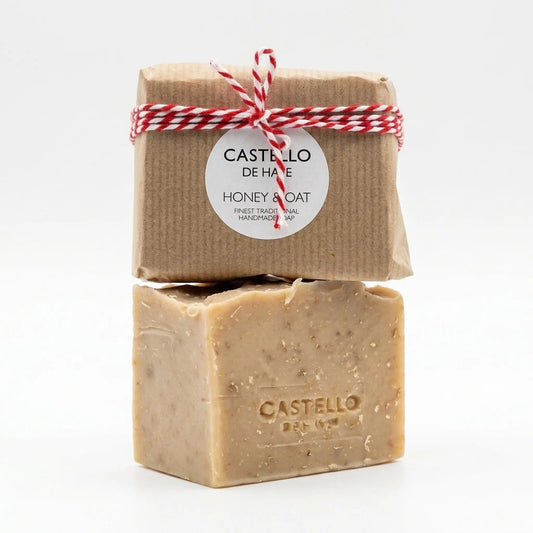 Castello de Haye Honey & Oat finest traditional handmade soap with Kraft paper packaging and red twine.