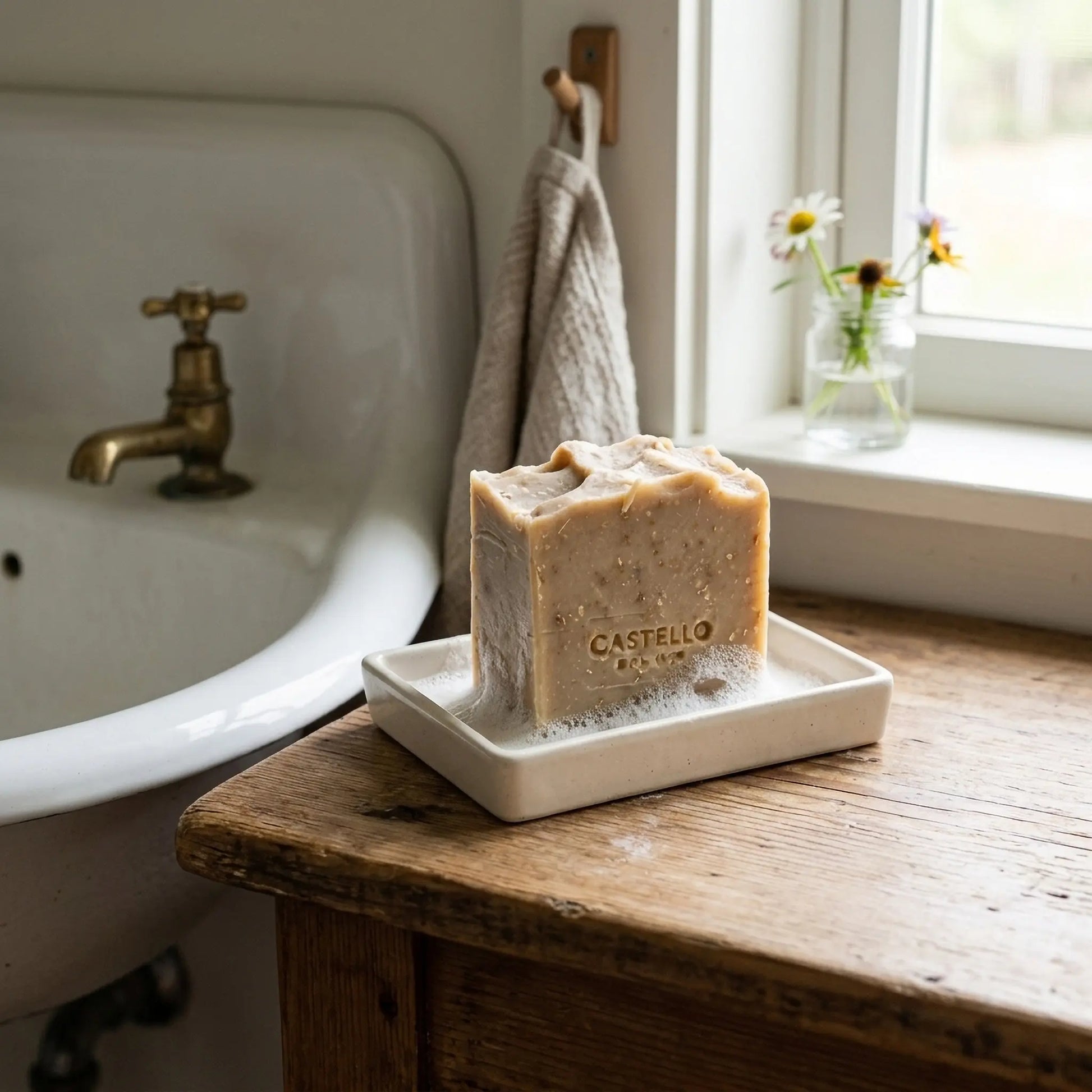 Castello de Haye Honey & Oat soap bar on ceramic dish beside a vintage basin, linen towel and wildflowers on a rustic wooden surface