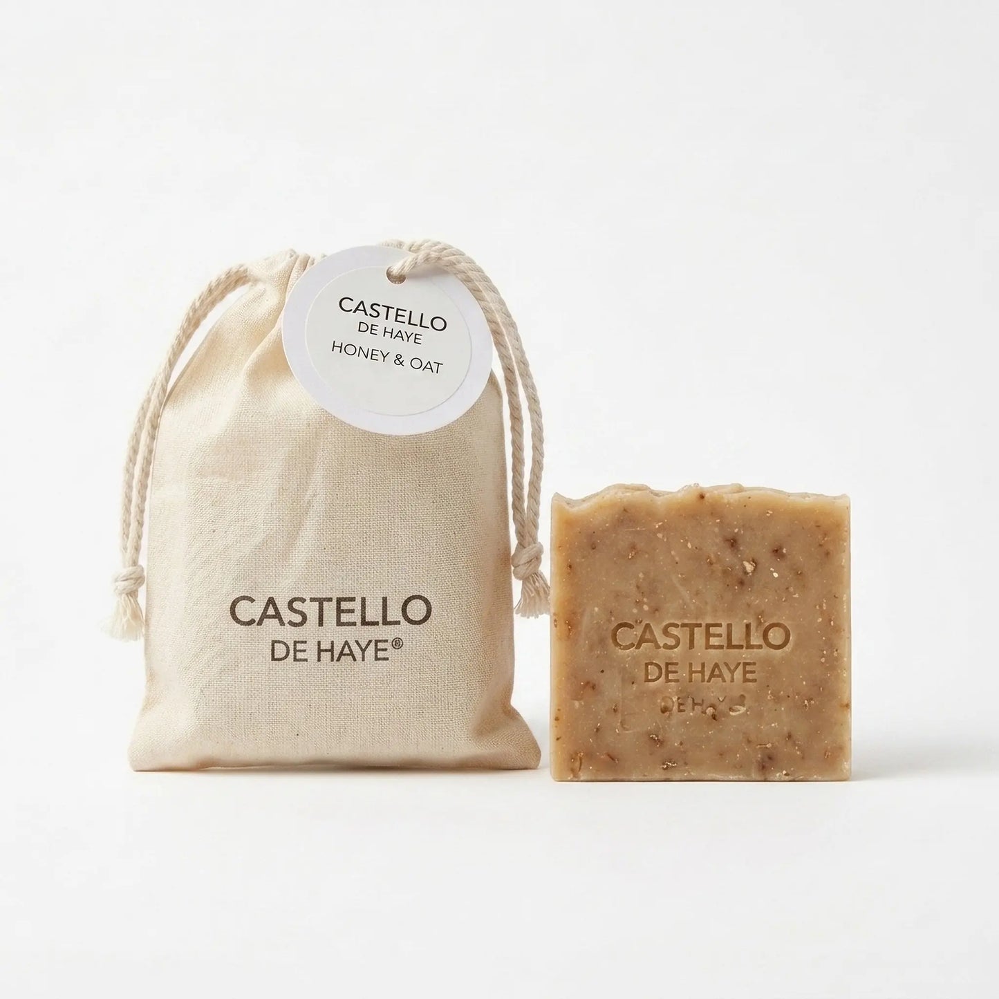Honey & Oat soap bar with natural cotton muslin gift bag by Castello de Haye