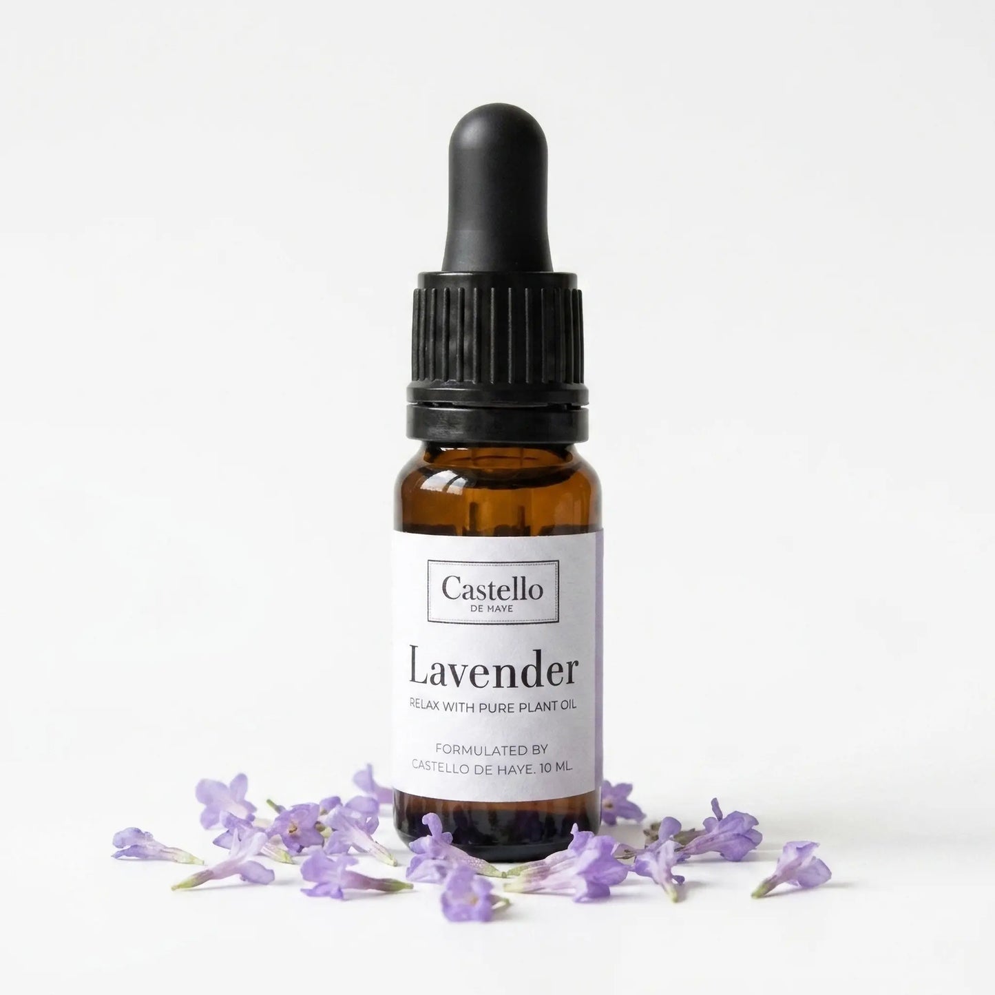 Lavender Essential Oil 10ml amber apothecary bottle with pipette and fresh lavender flowers — Castello de Haye