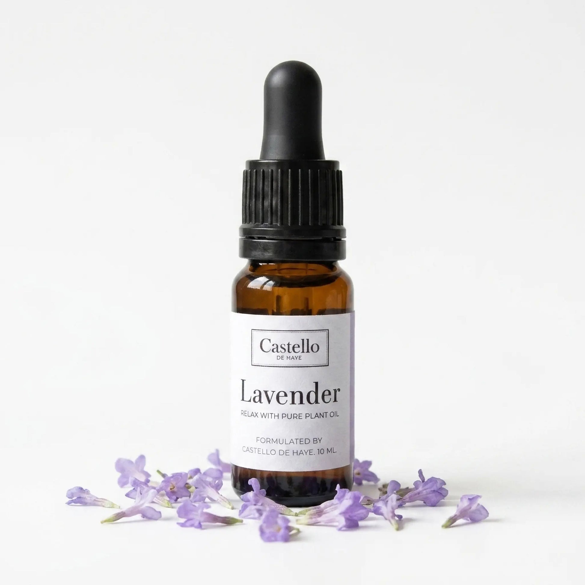 Lavender Essential Oil 10ml amber apothecary bottle with pipette and fresh lavender flowers — Castello de Haye