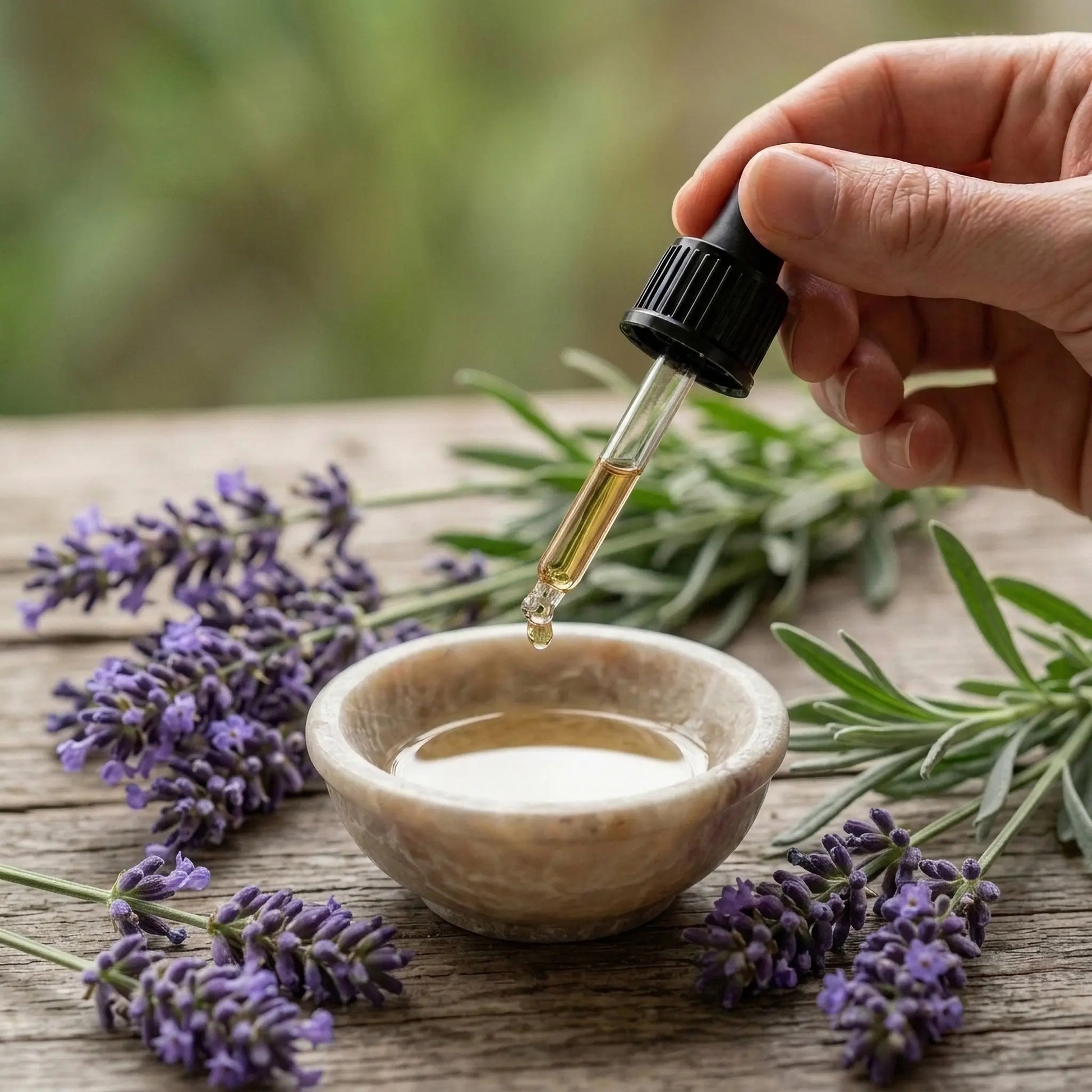 Hand using pipette to drop pure lavender essential oil into a marble bowl, surrounded by fresh Lavandula angustifolia sprigs — Castello de Haye
