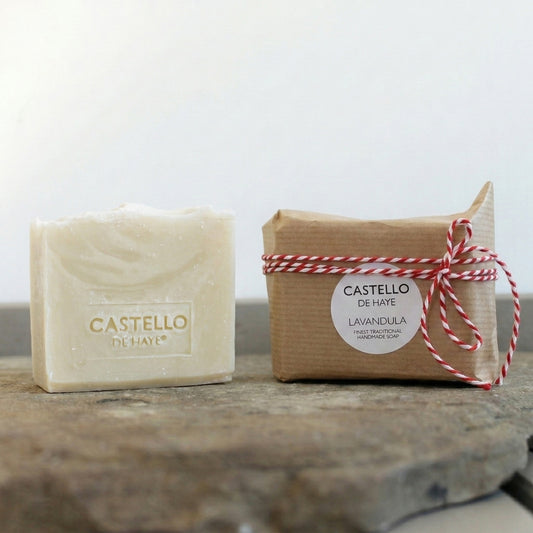 Castello de Haye lavender soap bar, 200g, next to soap wrapped in kraft paper and twine
