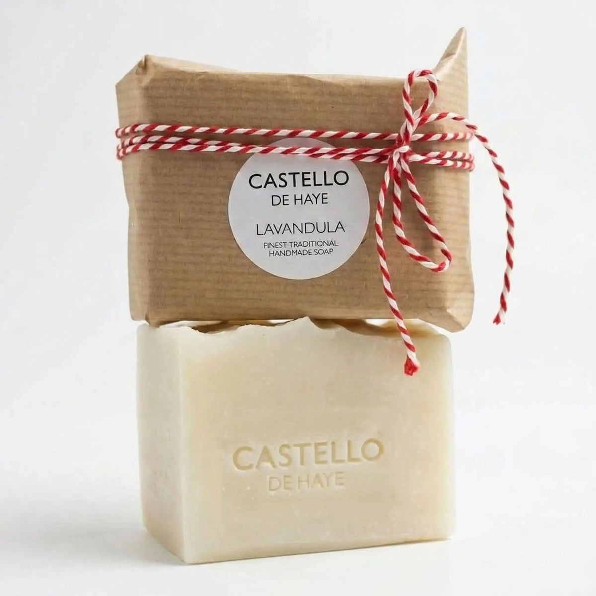 Castello de Haye Lavender Soap bar wrapped and unwrapped with imprint