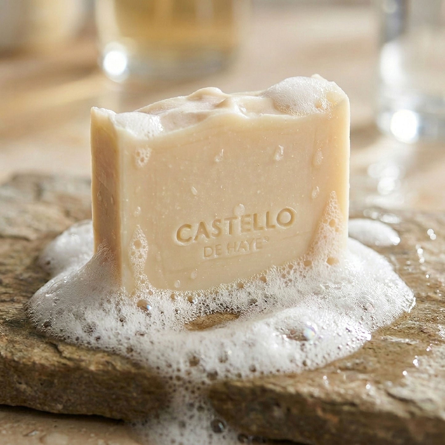 Lavender calming soap bar with lather on wooden soap dish - lavender essential oil sleep soap 200g