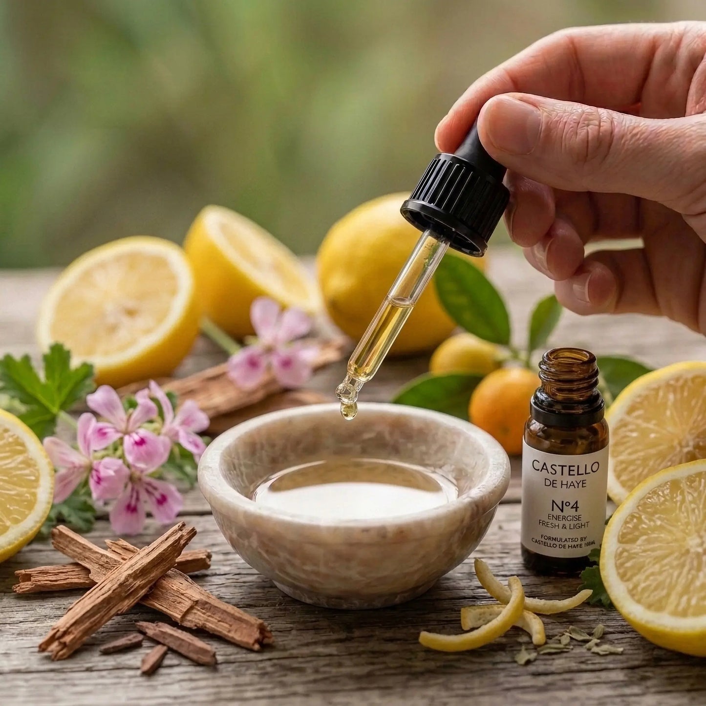 Female hand using pipette to drop No.4 Energise essential oil into a bowl, with fresh lemons arranged around