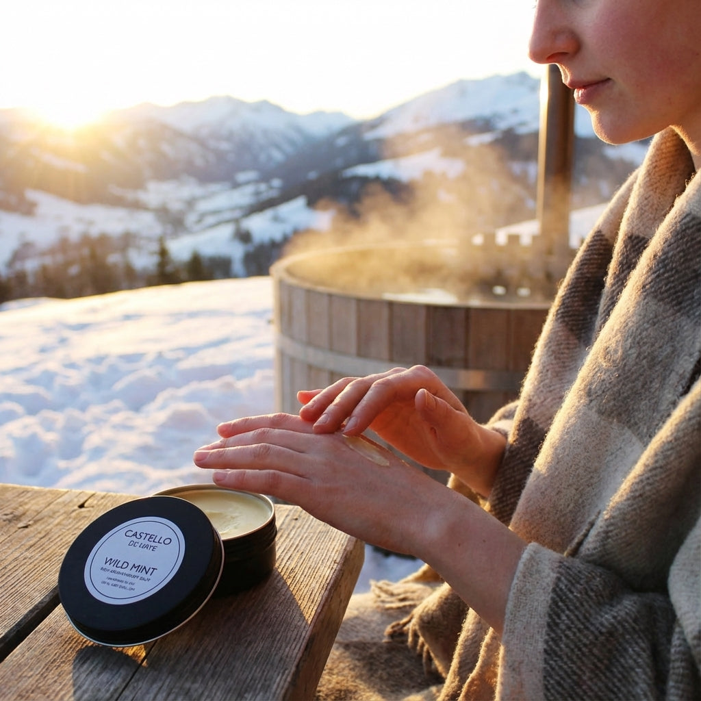 Person applying balm to hands by a hot tub with snowy mountains in the background