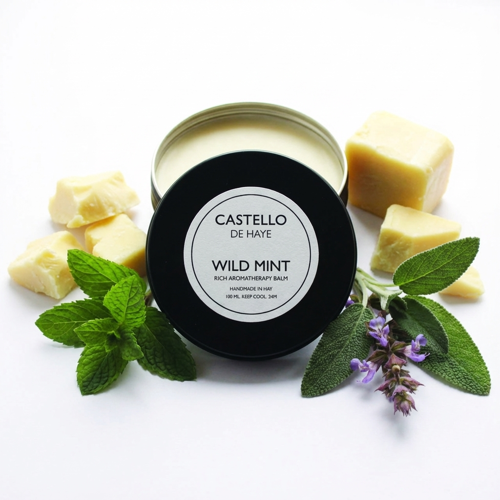 Balm container labeled 'Castello de Hate Wild Mint' with mint leaves and a purple flower on a white background