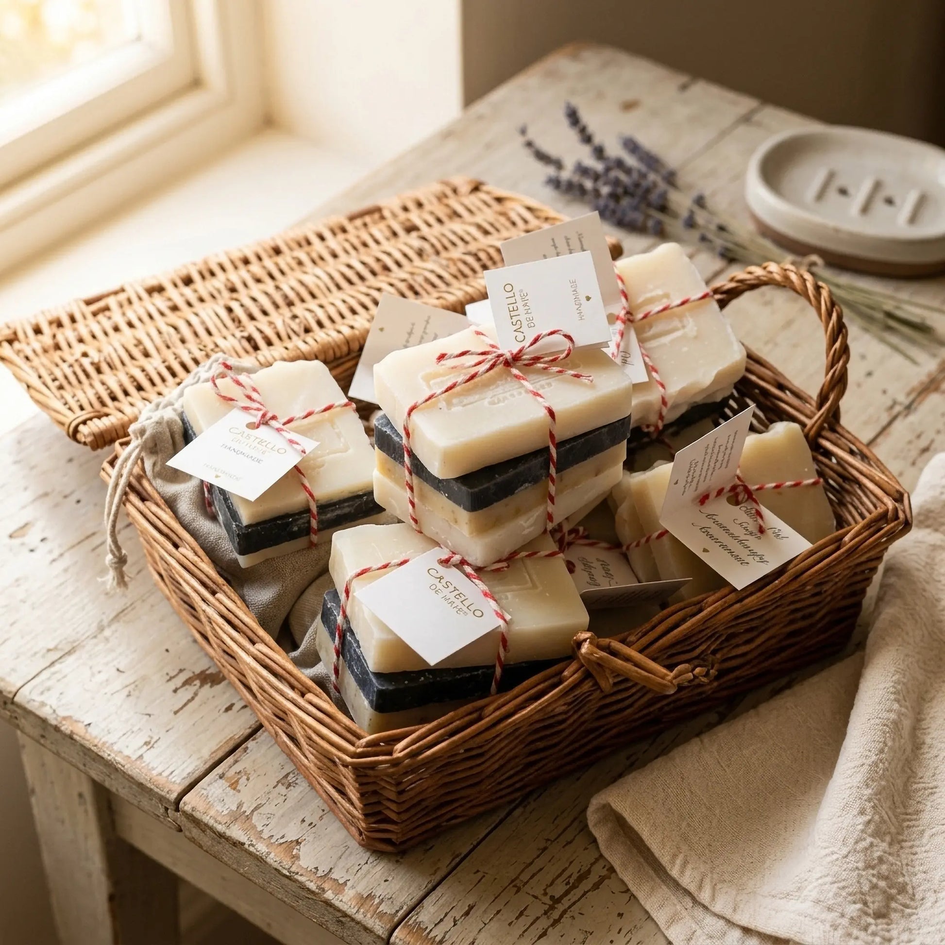 Selection of four 50g handmade olive oil soaps in a wicker basket