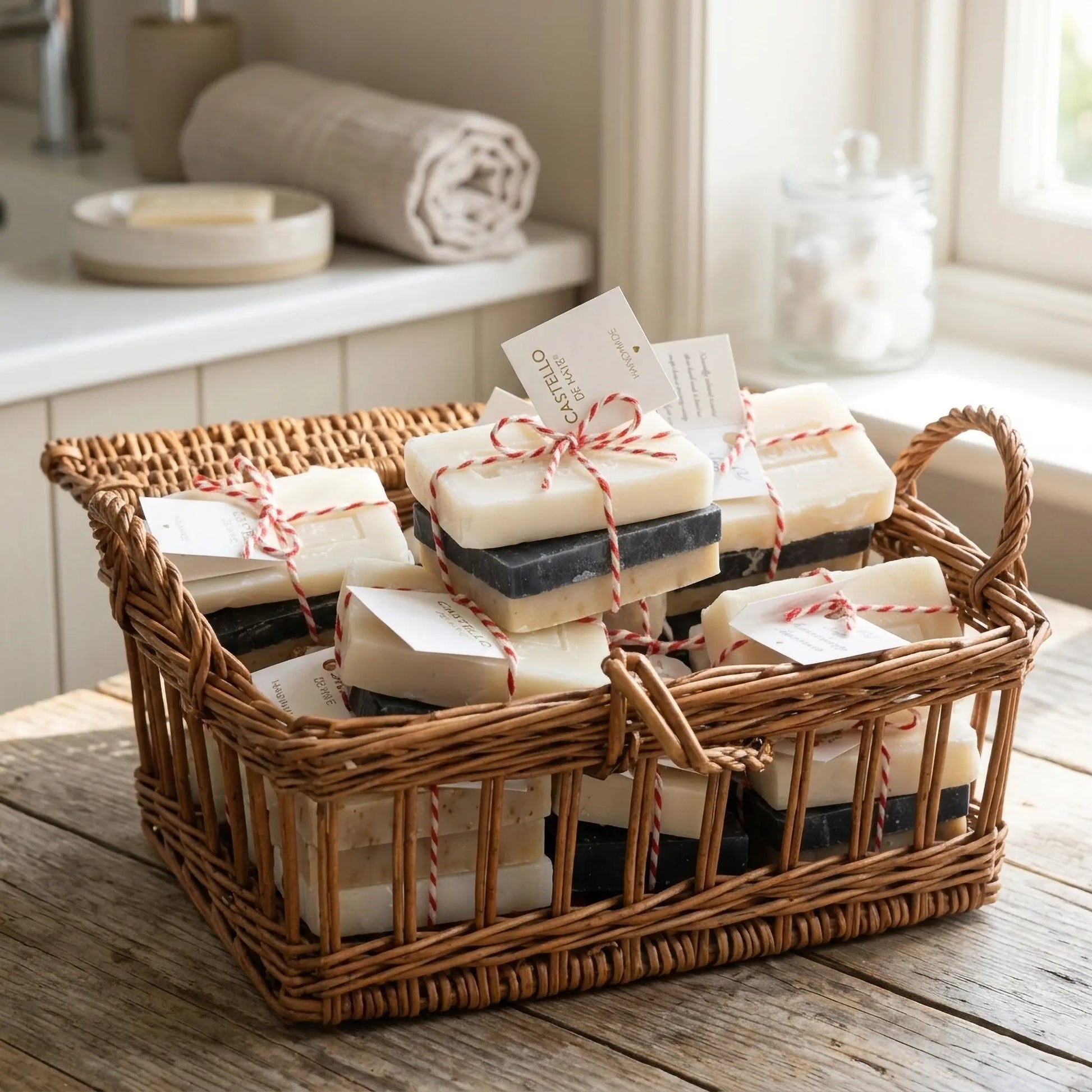 Handmade olive oil soap bars arranged in a basket, natural aromatherapy bundle by Castello de Haye