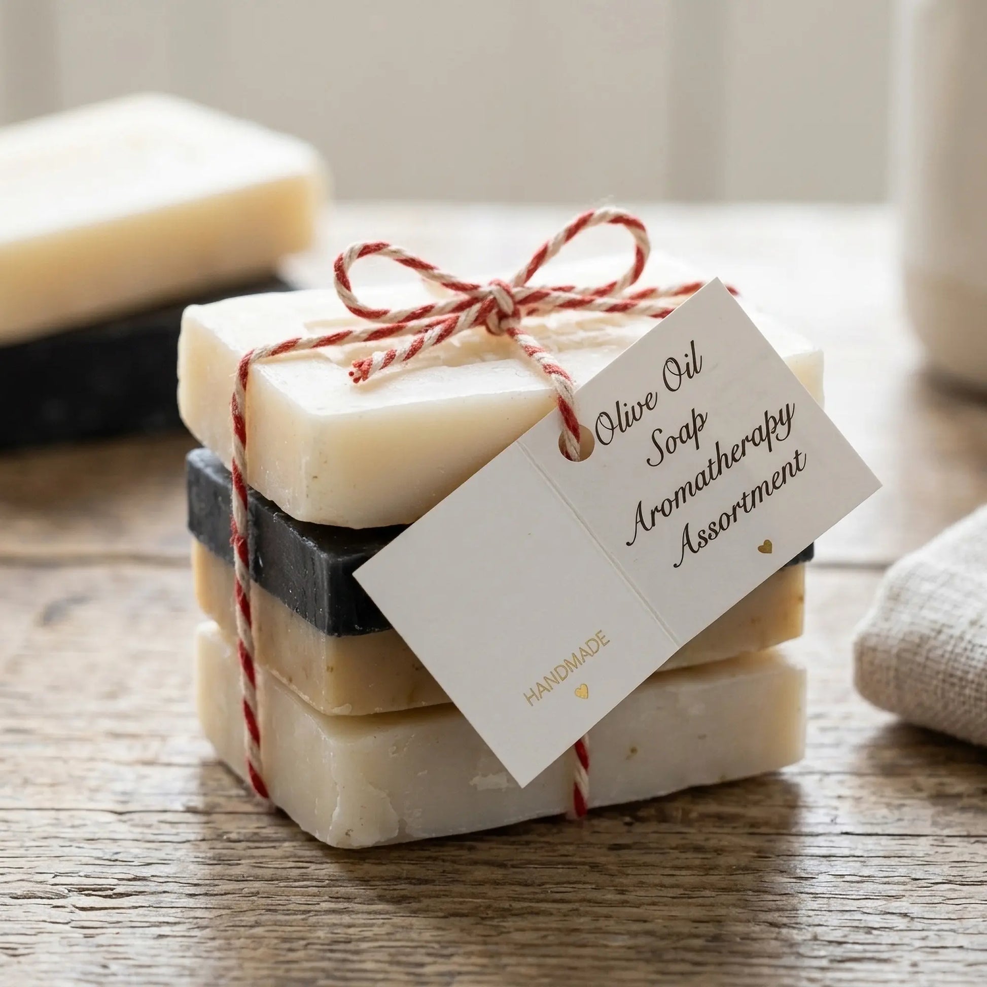 Lifestyle shot of natural olive oil soap aromatherapy bundle, eco-friendly handmade soap collection