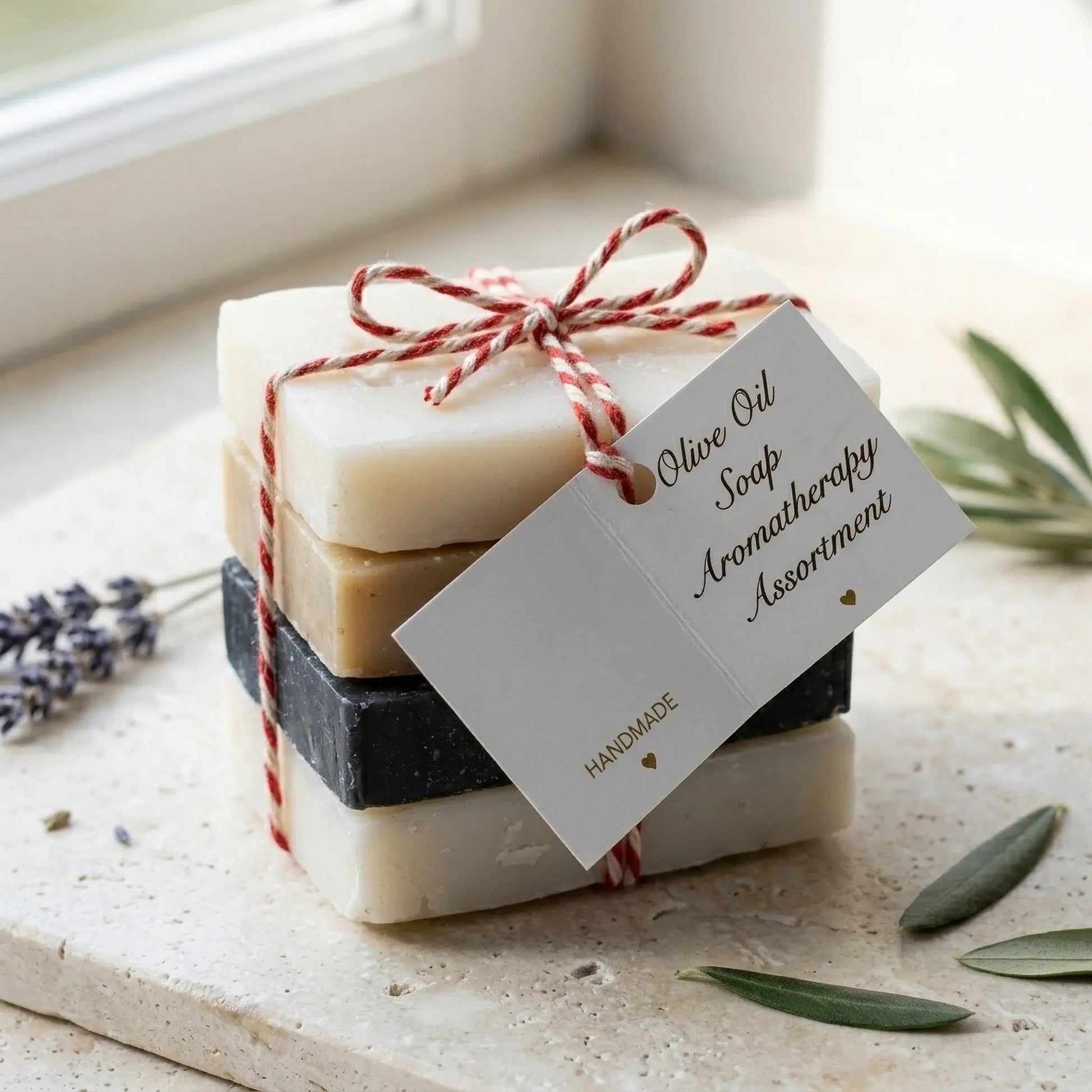 Natural olive oil soap assortment — lavender, rose-geranium, honey oat and patchouli bars