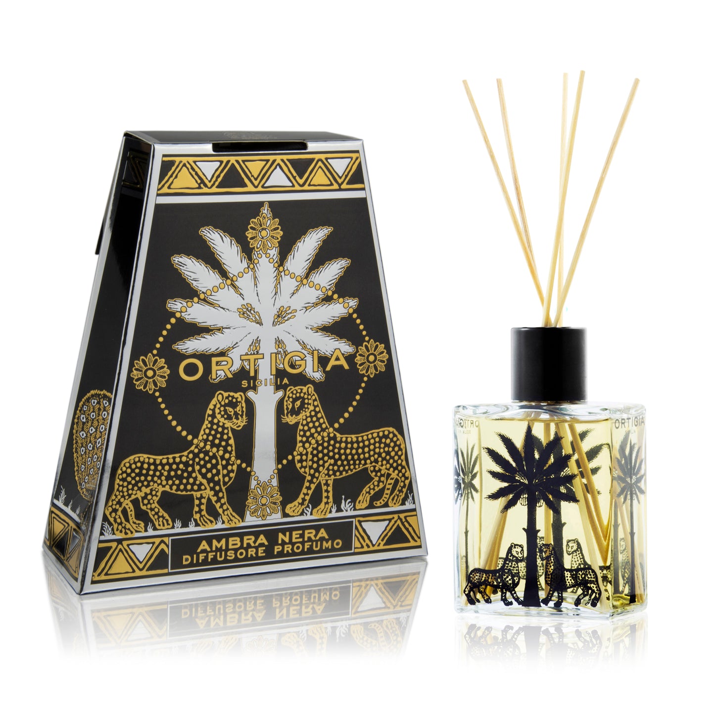 Ortigia Ambra Nera Perfume Diffuser product image, featuring a black, gold, and white designed triangle-shaped box with a signature bottle and sticks inside.