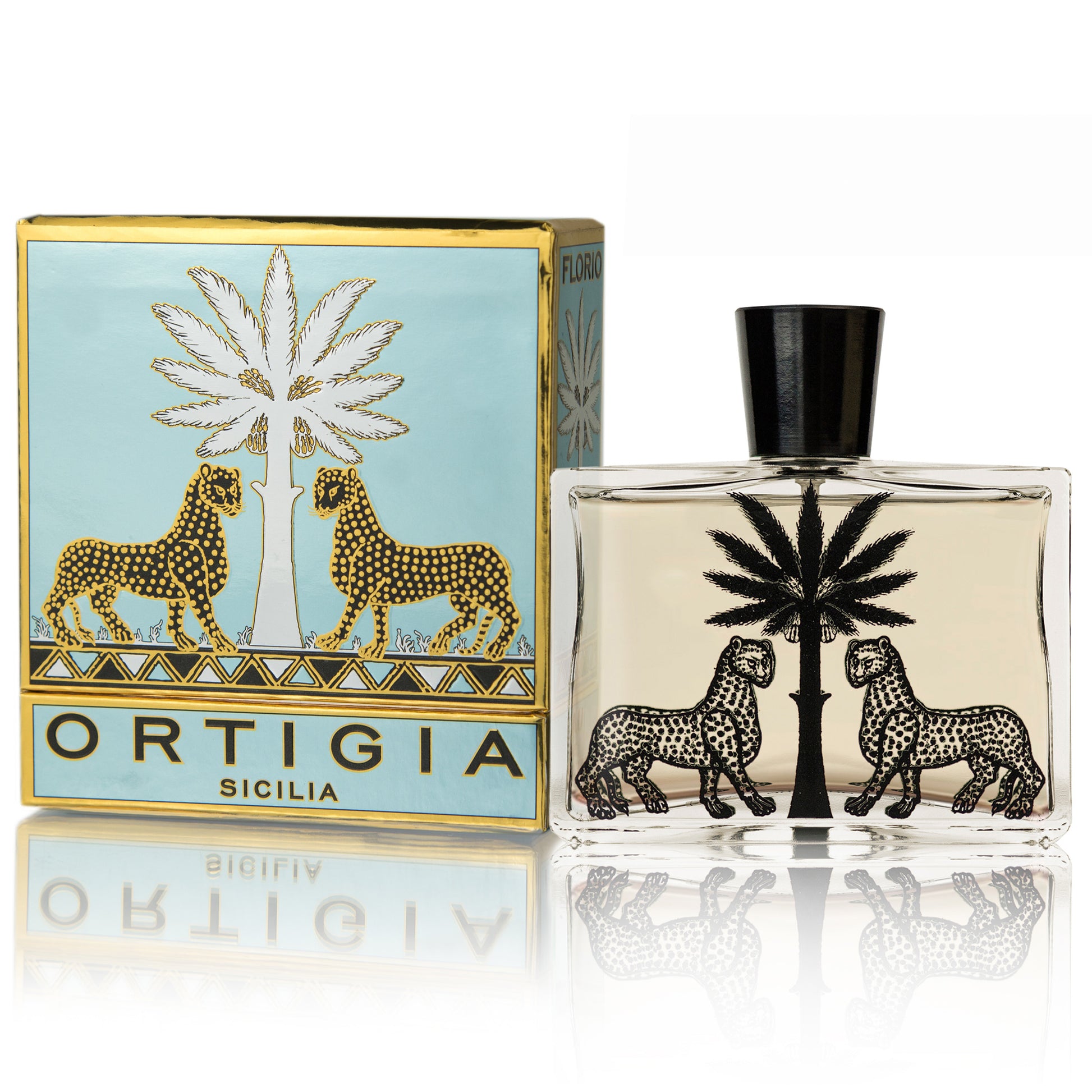 A product image featuring Ortigia Sicilia Florio Eau de Parfum in a glass bottle with a black cap, accompanied by its packaging box with similar design elements.