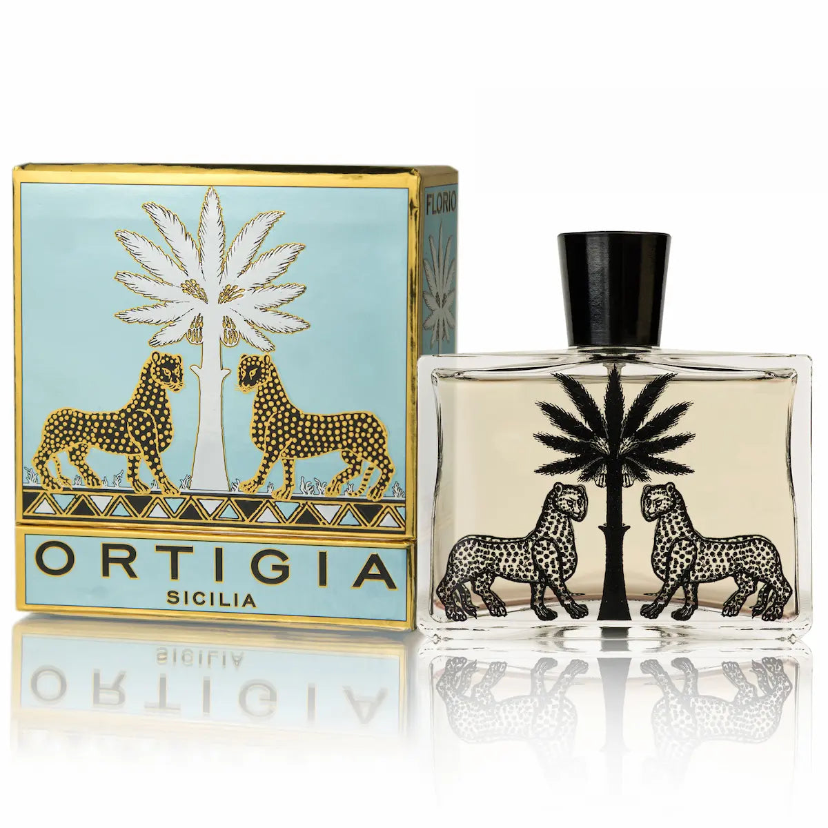 Ortigia Sicilia perfume bottle and packaging with palm tree and lion design on a white background