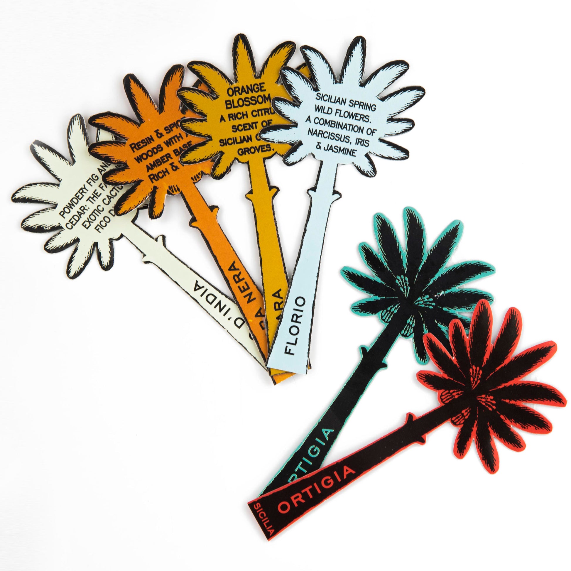 Colorful palm tree-shaped product labels with text on a white background