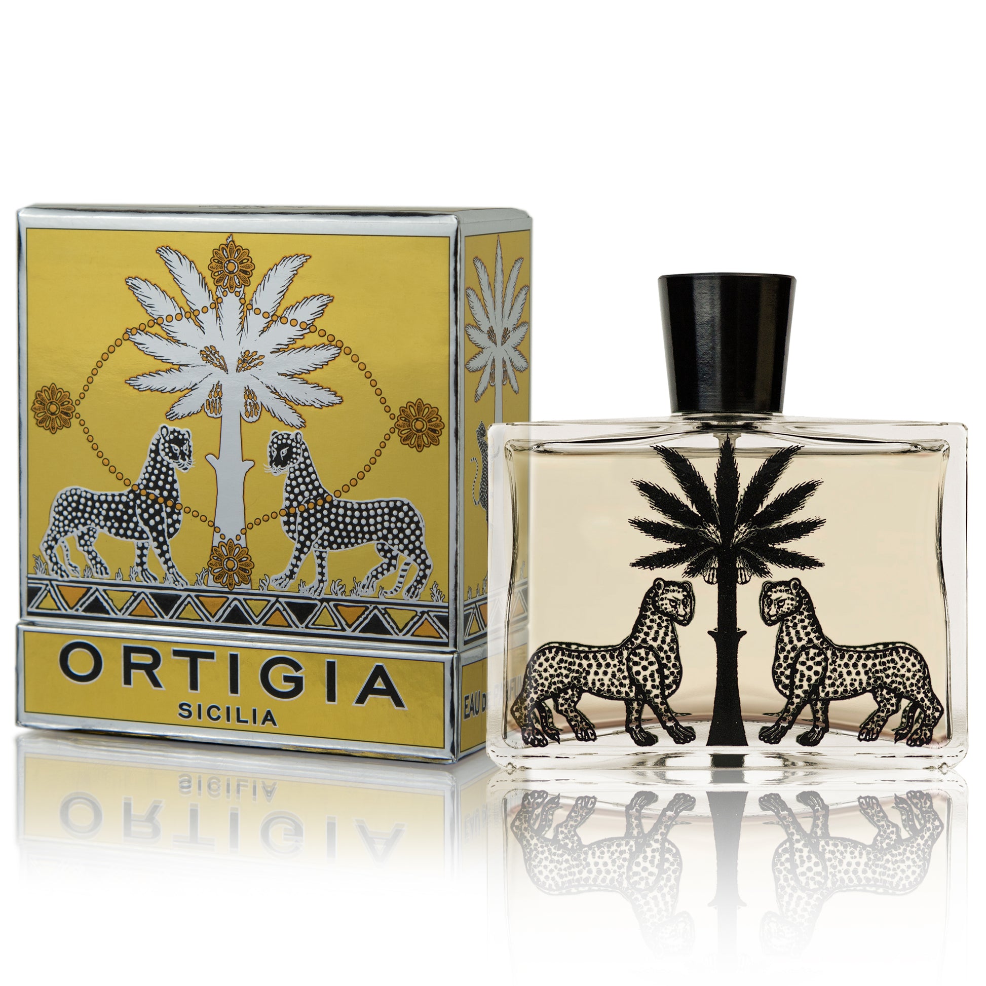 A product image featuring Ortigia Sicilia Zagara Eau de Parfum in a clear glass bottle with black cap, alongside its yellow packaging box adorned with illustrations of leopards and palm trees.