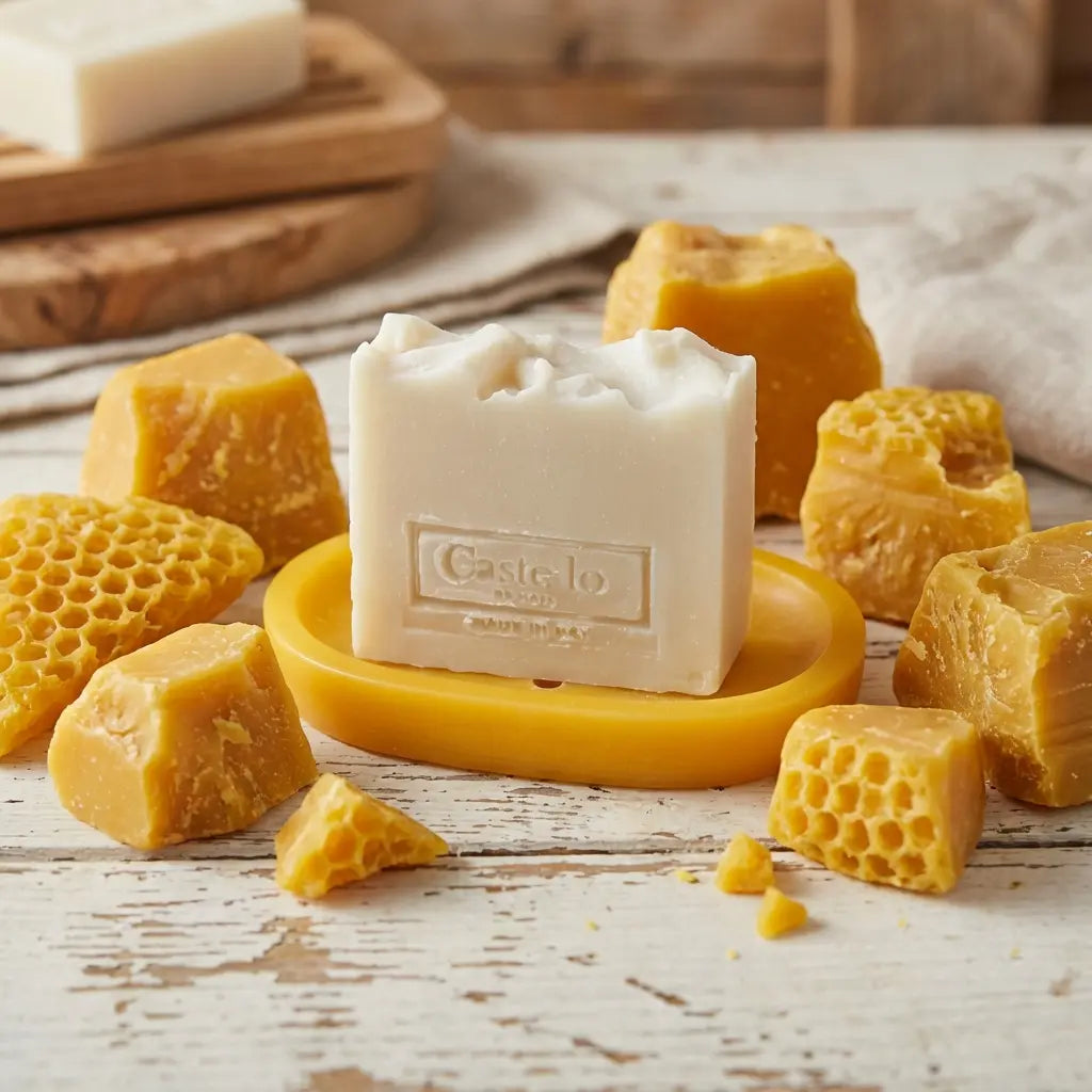 Chunks of beeswax around a pure beeswax oval soap dish with Castello de Haye handmade soap