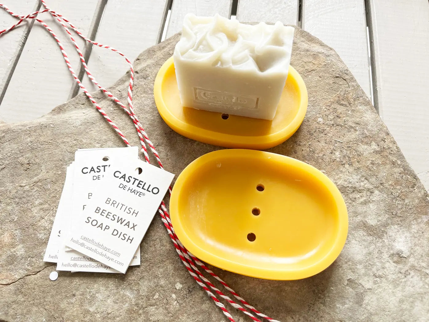 Oval British beeswax soap dishes with drainage holes, hand made and hand tied, with Castello de Haye Handmade Soap