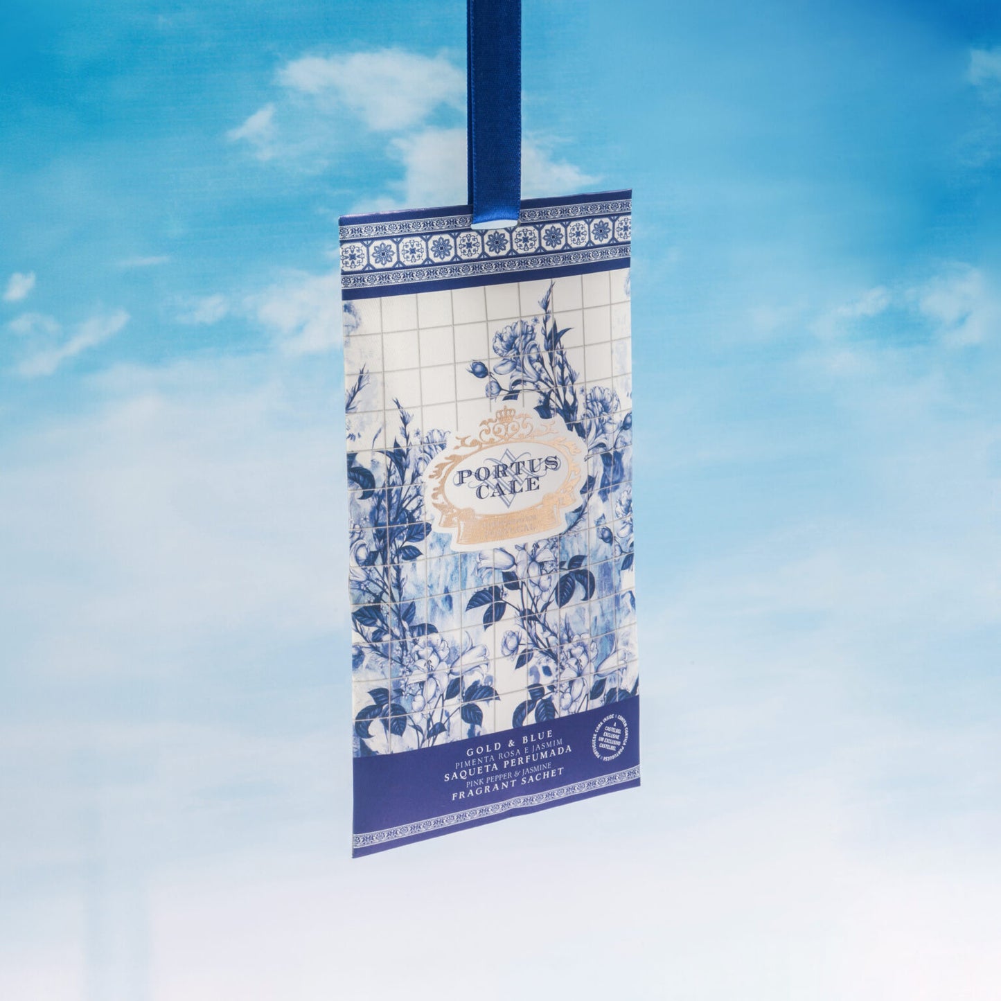 Portus Cale scented sachet with blue ribbon pink pepper and jasmine