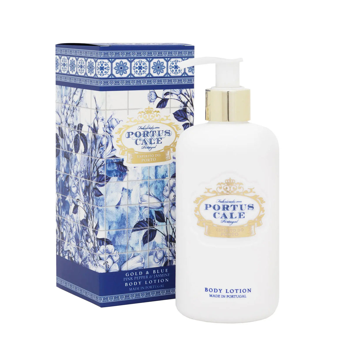 Portus Cale Gold & Blue 300ml body lotion in pink pepper and jasmine, with its blue and white tile-pattern gift box