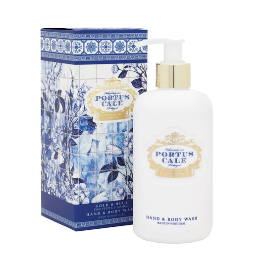 Portus Cale Gold & Blue hand & body wash in a white bottle with a gold pump, beside its blue and white patterned box.