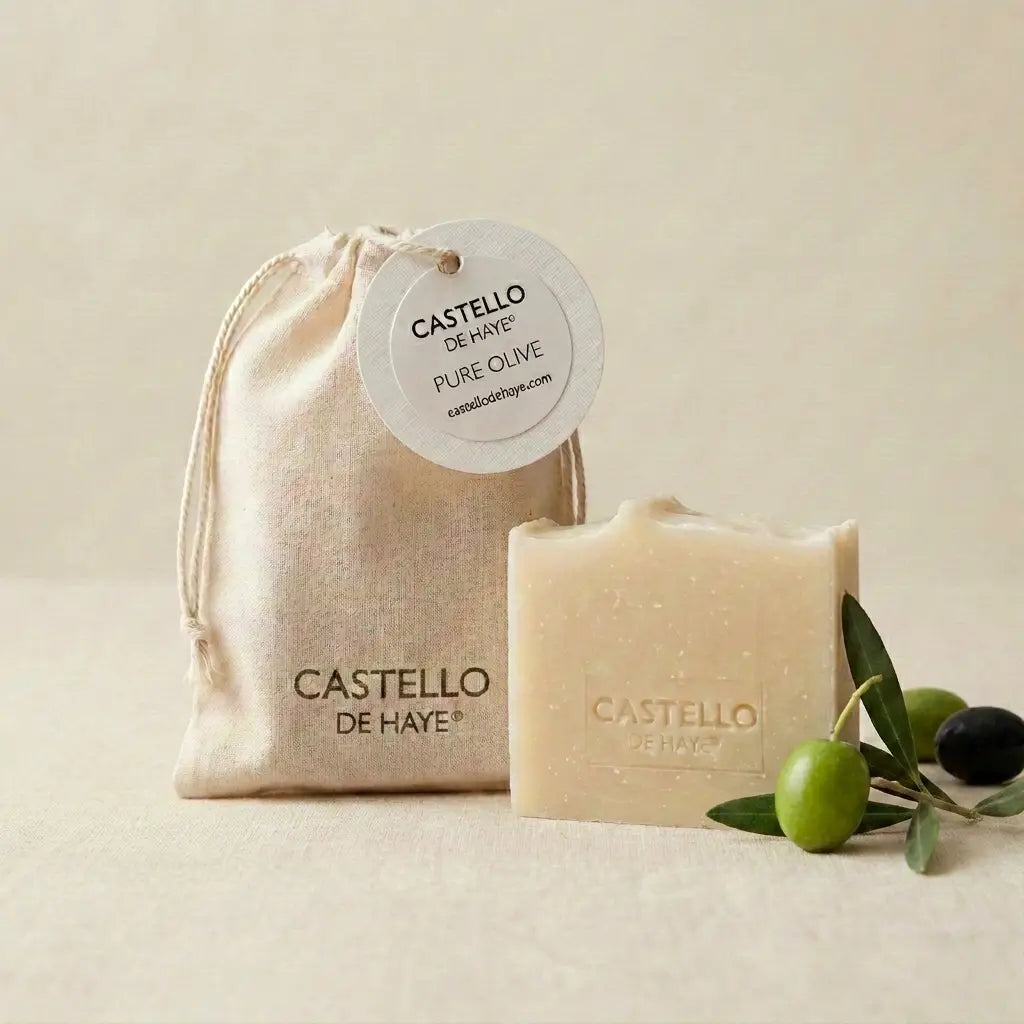 Castello de Haye Pure Olive soap bar in cotton muslin gift bag with olives