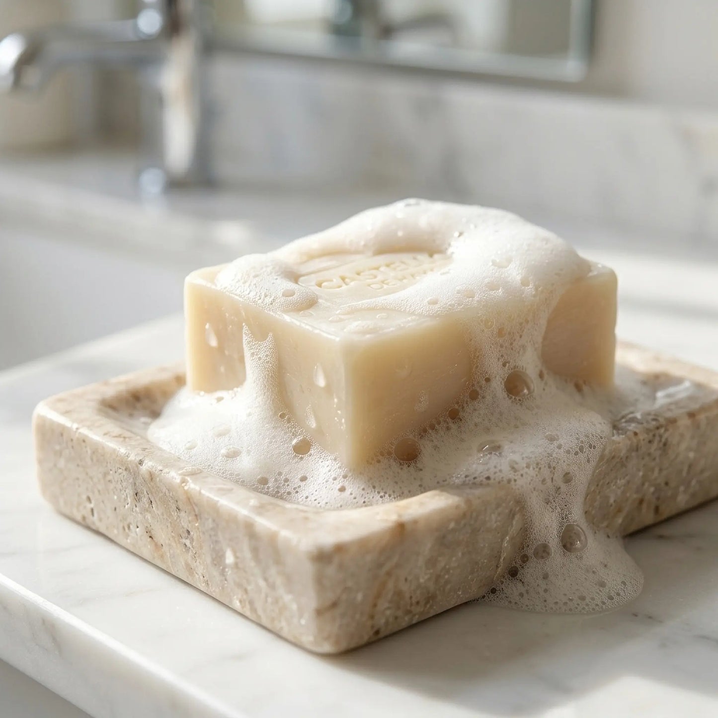 Pure Olive unscented bar soap with suds on a stone soap dish in a bathroom setting