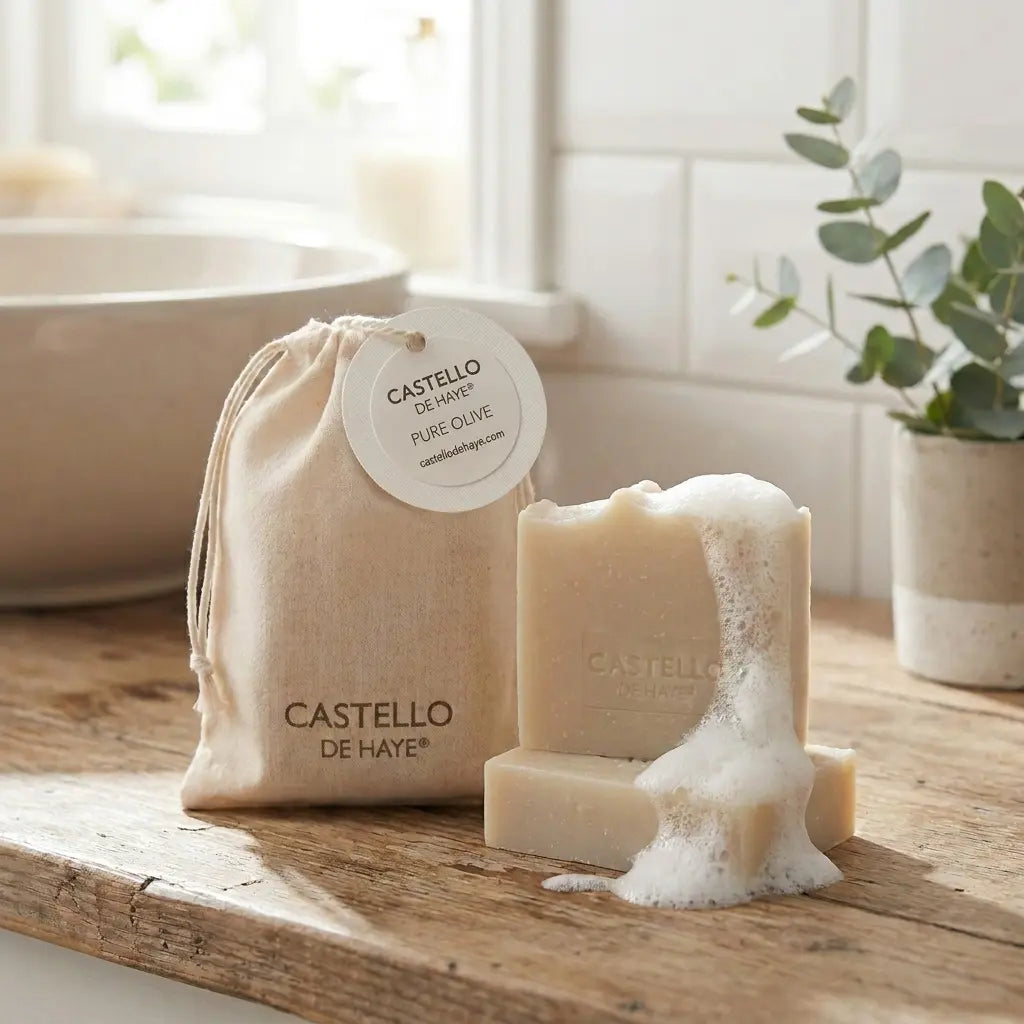 Castello de Haye Pure Olive soap bar in cotton muslin gift bag with soap suds in bathroom settings