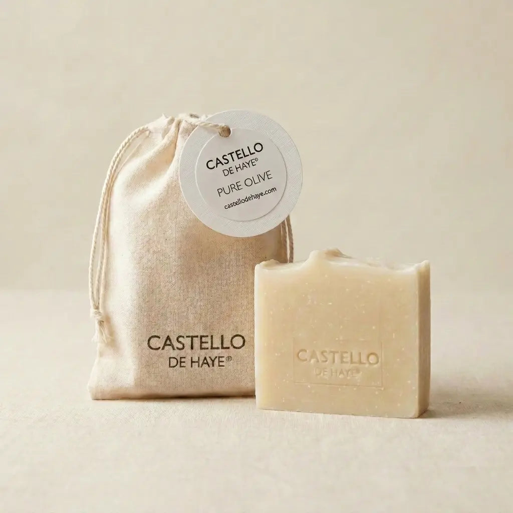 Castello de Haye Pure Olive soap bar in cotton muslin gift bag