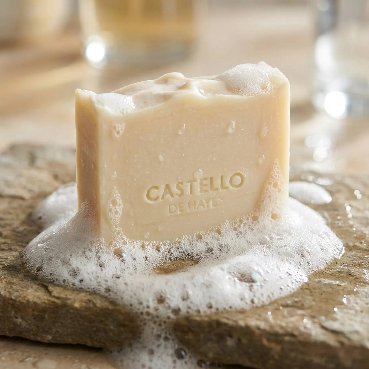Castello de Haye Pure Patchouli natural soap bar creating a rich lather