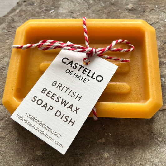 Pure British beeswax soap dish with linen labels