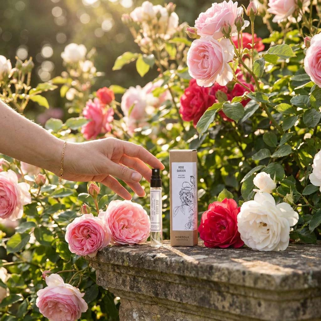 Hand picking up Rose Garden Natural Parfum 10ml glass bottle by Castello de Haye