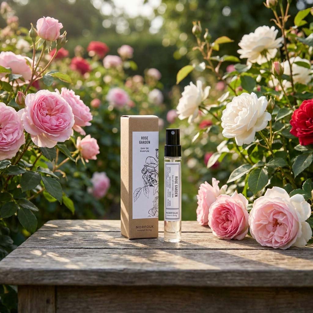 Rose Garden Parfum 10ml glass bottle with black cap on a wooden table with pink, white and red roses