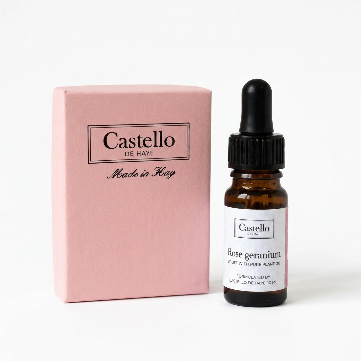 Rose Geranium Essential Oil 10ml with Castello de Haye pink gift box — Made in Hay, pure plant oil aromatherapy