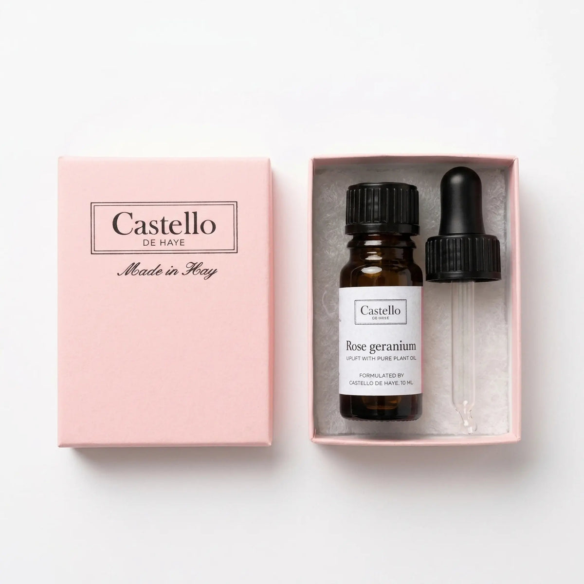 Castello de Haye Rose Geranium Essential Oil 10ml unboxed — amber glass bottle and precision pipette in pink gift box, Made in Hay
