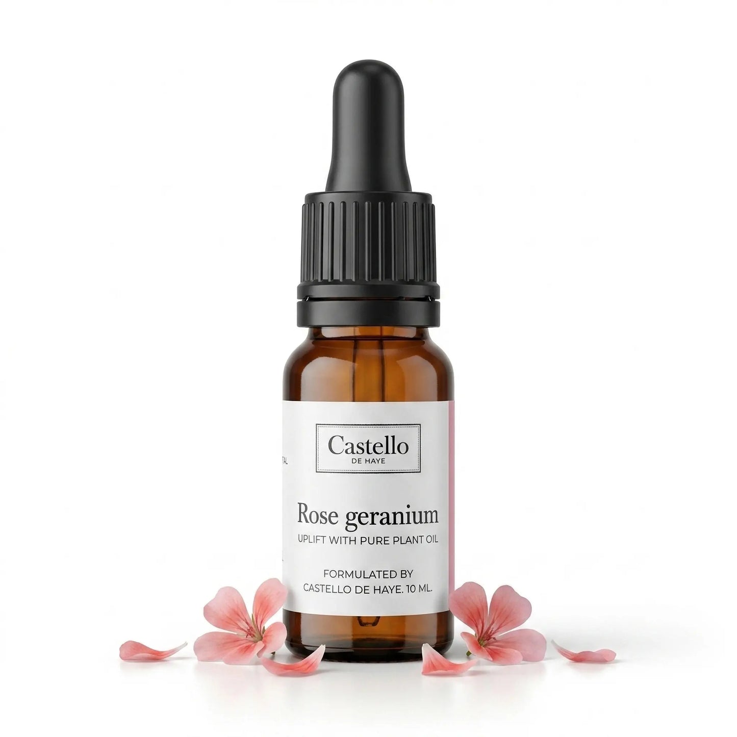 Rose Geranium Essential Oil 10ml amber apothecary bottle with pipette and fresh pink geranium petals — Castello de Haye
