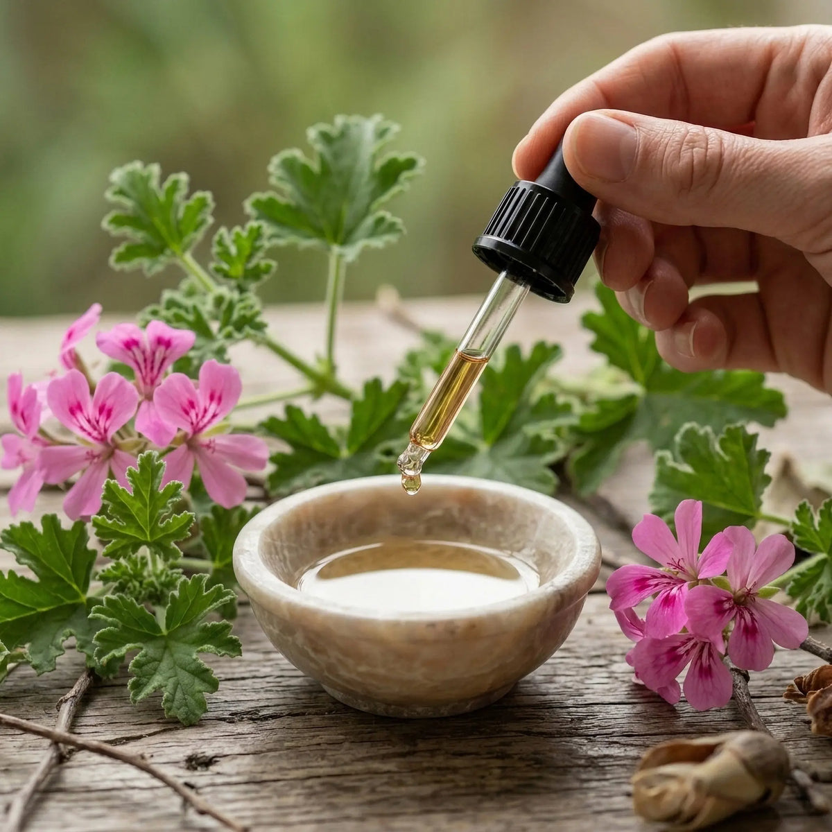 Hand using pipette to drop pure rose geranium essential oil into a marble bowl, surrounded by fresh Pelargonium graveolens flowers and leaves — Castello de Haye