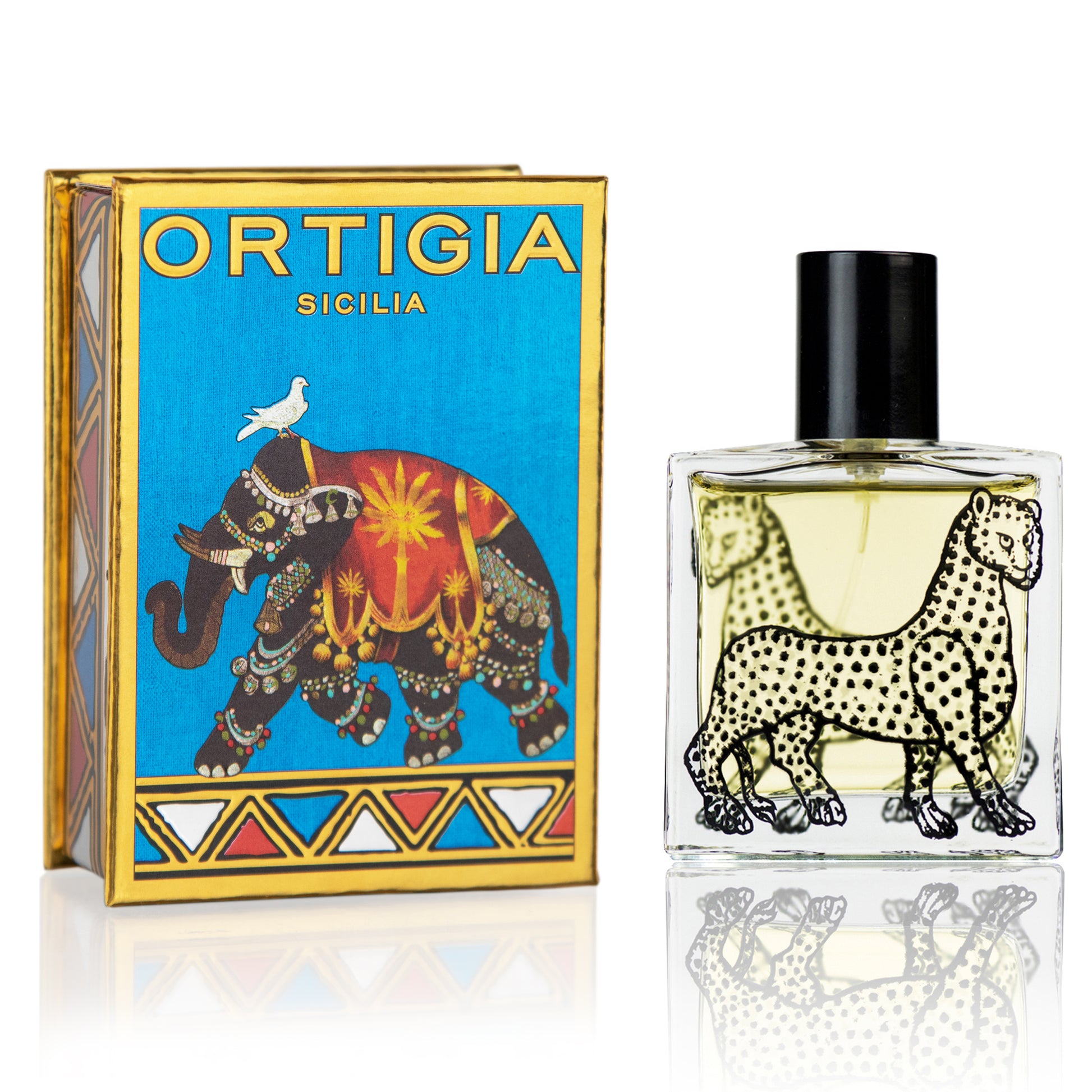 Ortigia Sandalo Eau de Parfum 30ml bottle next to its packaging, which features a colorful design with an elephant and geometric patterns.