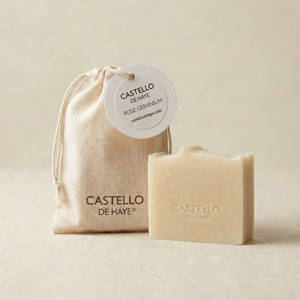 Rose geranium natural soap bar 100g in reusable muslin bag by Castello de Haye