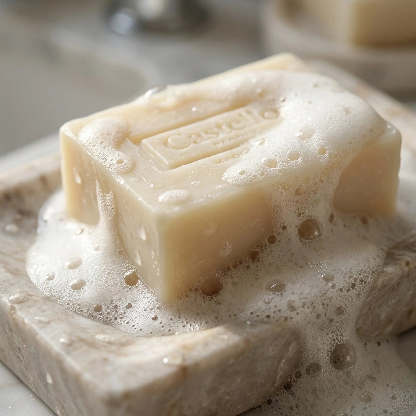Rich lather from Castello de Haye Rose Geranium natural soap bar – moisturising and gentle on sensitive skin