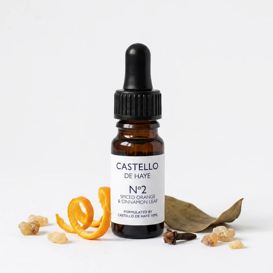 Spiced Orange, Cinnamon Leaf, Clove & Frankincense essential oil blend 10ml amber bottle — Castello de Haye