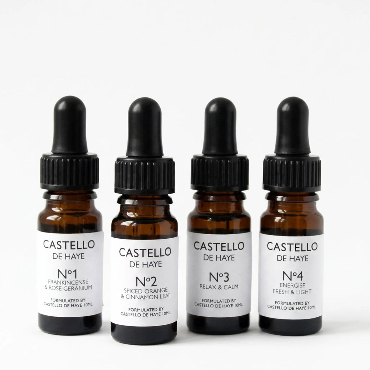 Range of four synergistic mixes of essential oil by Castello de Haye, featuring No. 2