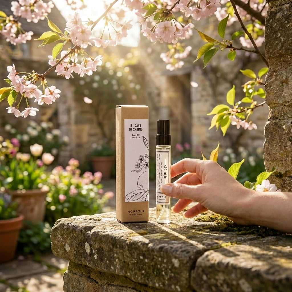 Spring natural perfume made in Norfolk, in a spring garden