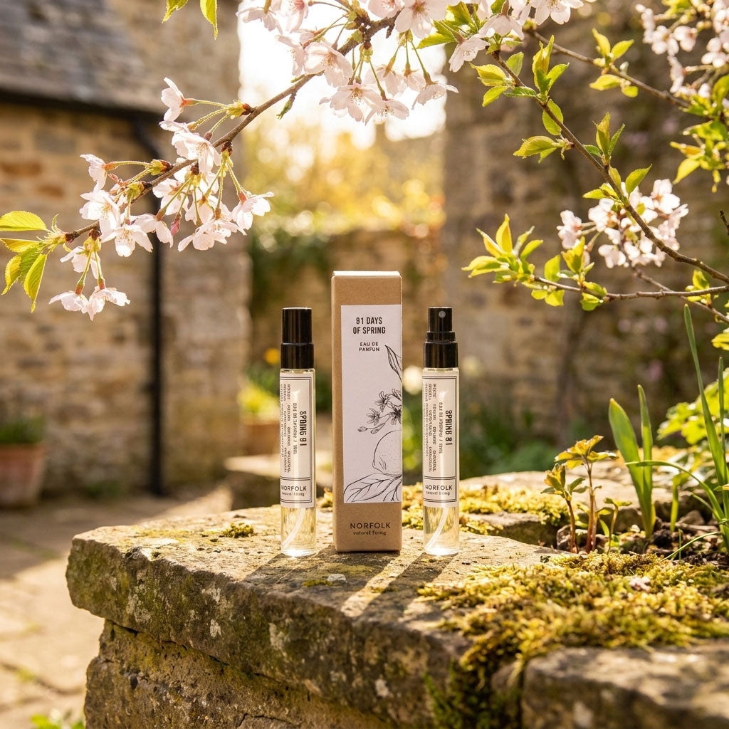 91 Days of Spring natural parfum amongst spring flowers in a sunlit courtyard by Castello de Haye